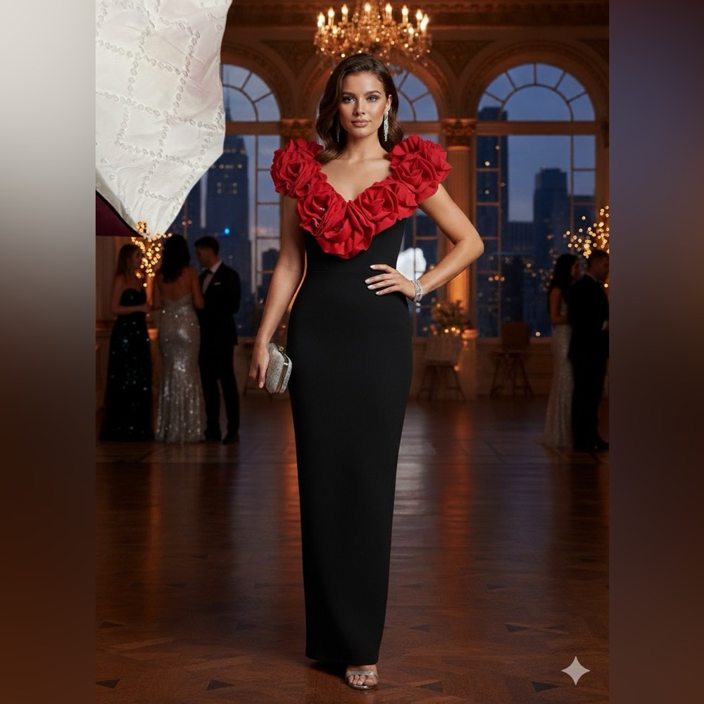 Moda Black Strapless Dress with Red Floral Details
